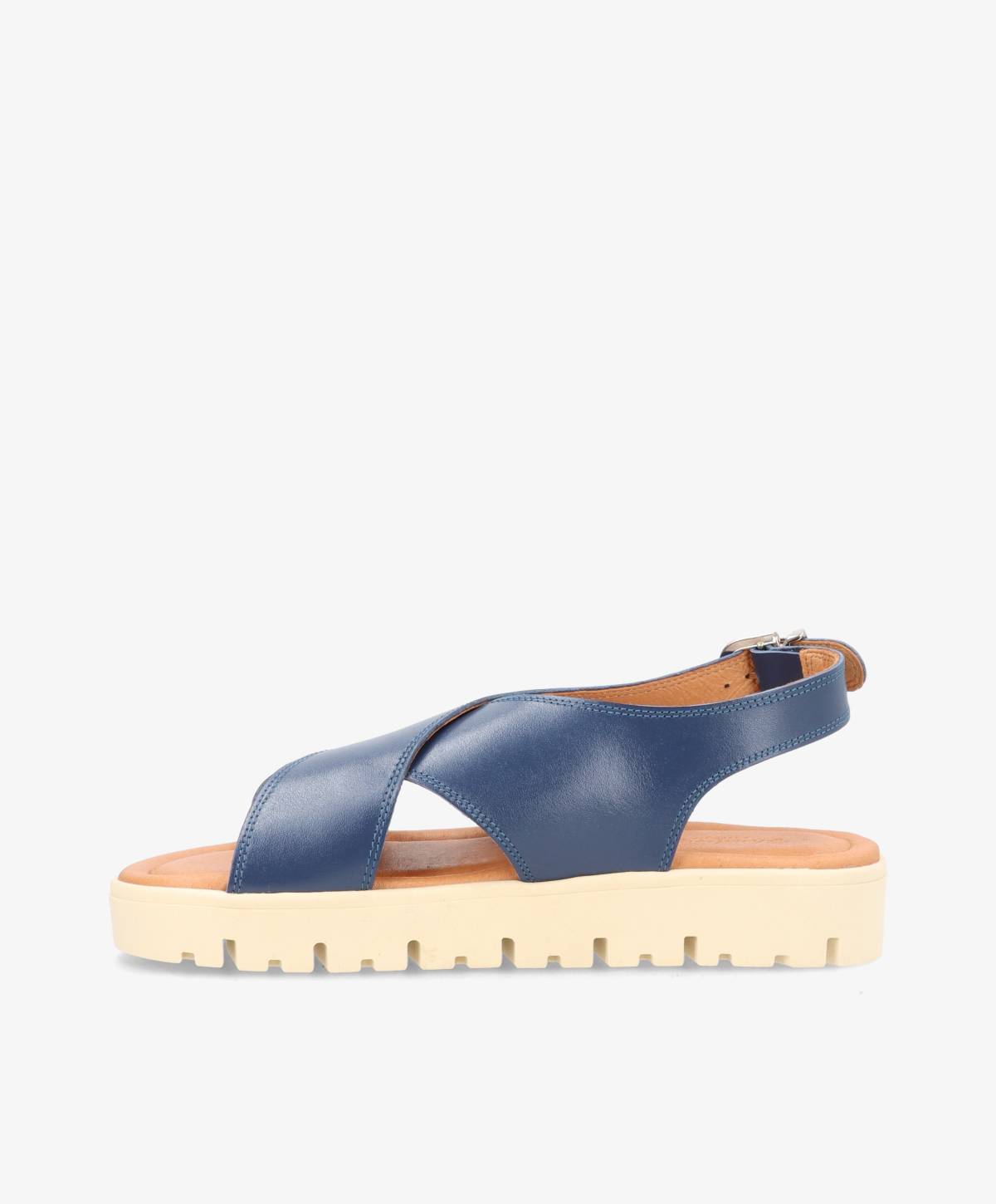 Blå lædersandal med krydsremme og beige sål fra Shoedesign Copenhagen.