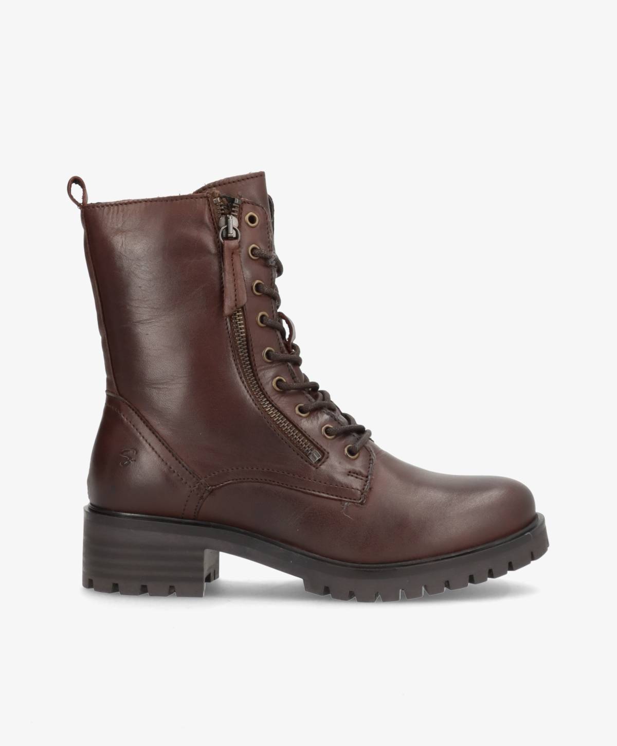 Dame snørestøvler i mørkebrun læder fra Shoedesign Copenhagen med lynlås og robust sål.