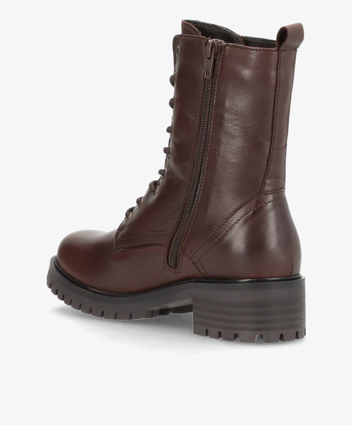 Dame snørestøvler i mørkebrun læder fra Shoedesign Copenhagen med lynlås på siden og robust sål.