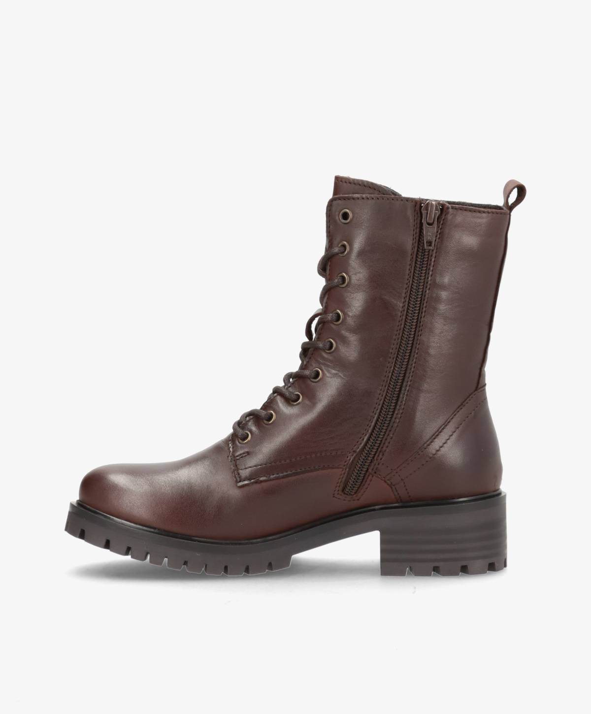 Mørkebrun læderstøvle med snørebånd og lynlås fra Shoedesign Copenhagen.