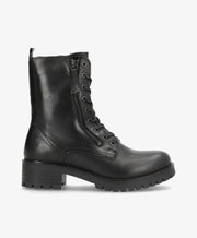 Sort læderstøvle med snørebånd og lynlås fra Shoedesign Copenhagen, set fra siden.