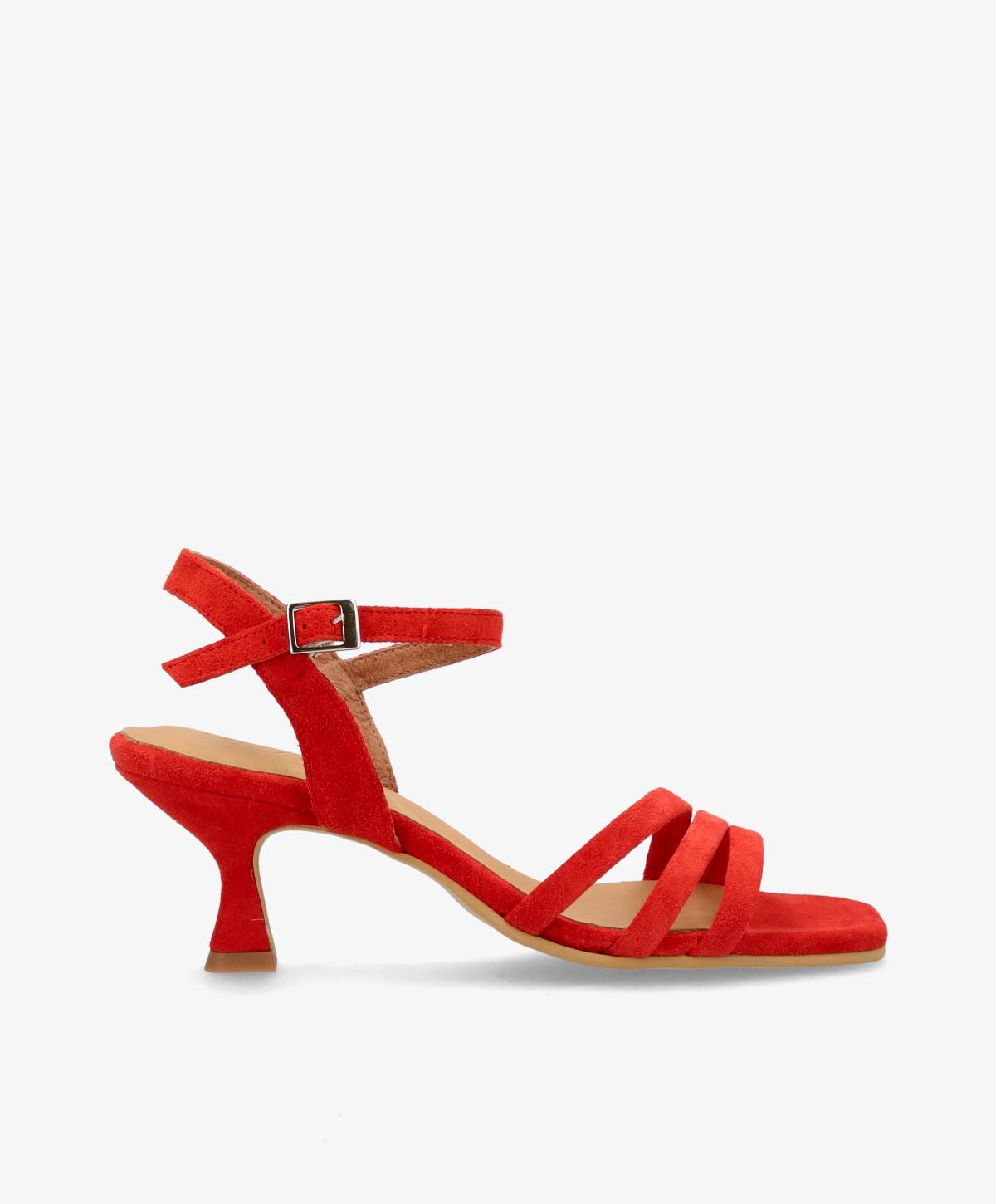 Rød pumps fra Shoedesign Copenhagen med åben tå og justerbar ankelrem.