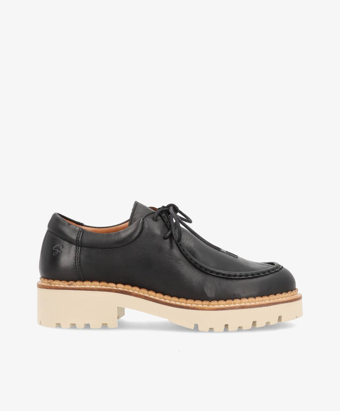 Sort sko fra Shoedesign Copenhagen med snørebånd og kraftig, lys sål.