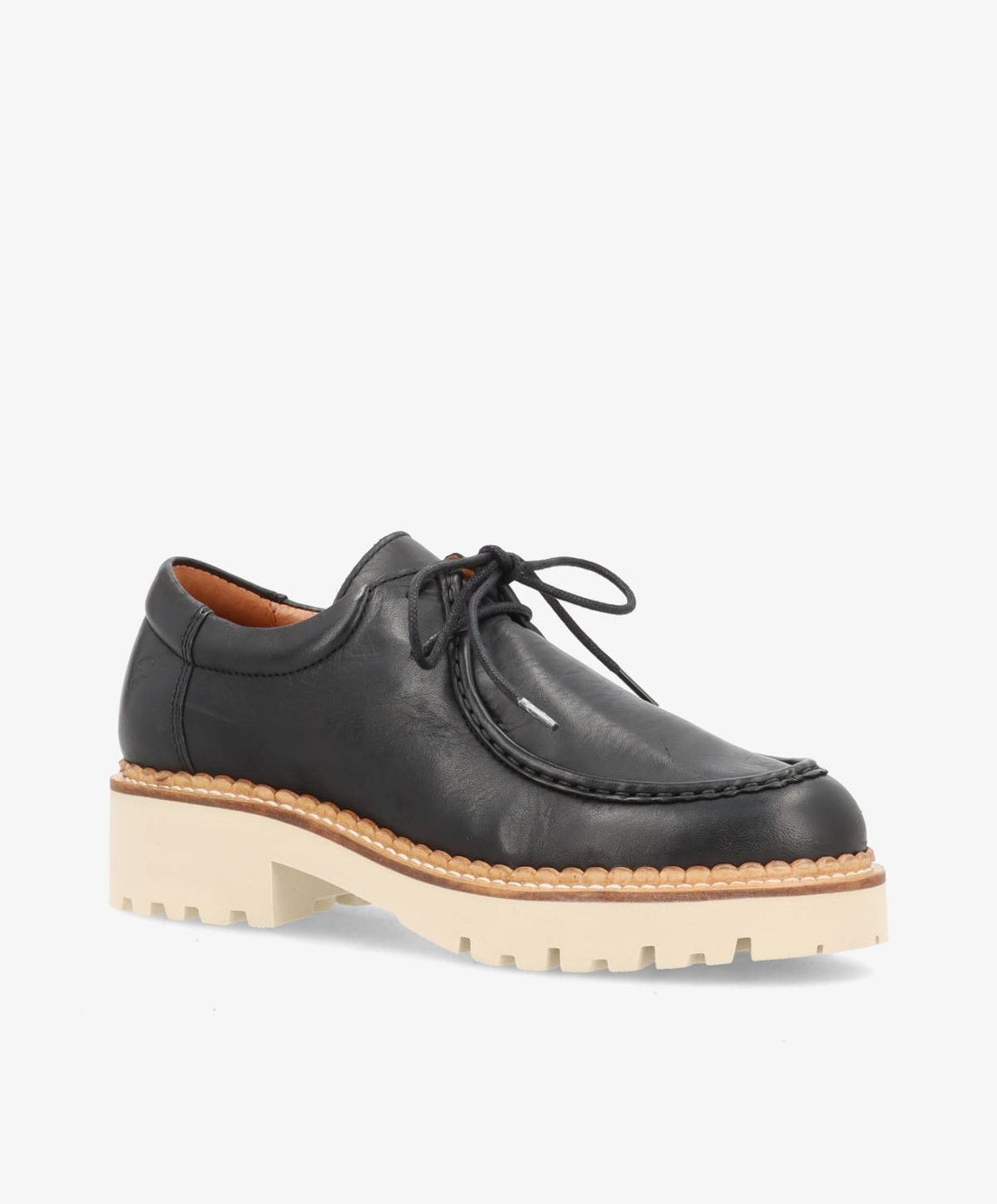 Sort sko fra Shoedesign Copenhagen med snørebånd og kraftig, lys sål.