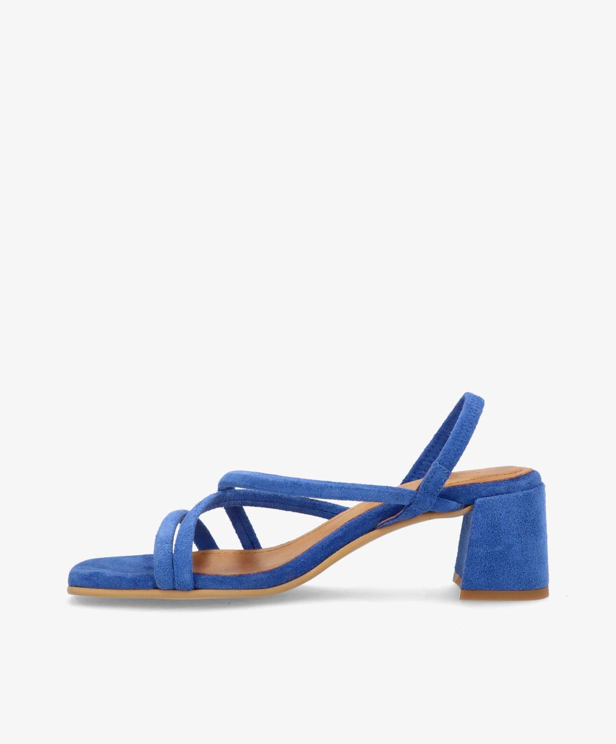 Blå sandal fra Shoedesign Copenhagen med blokhæl og krydsede stropper.