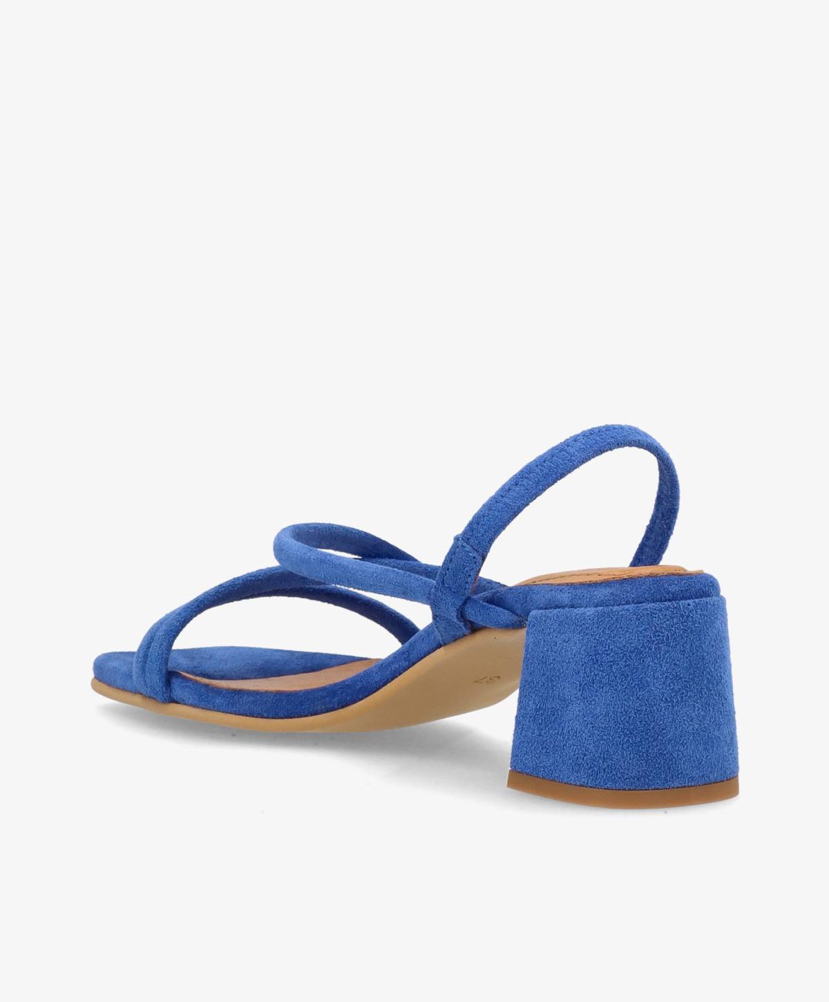 Blå sandal med blokhæl fra Shoedesign Copenhagen, set bagfra.