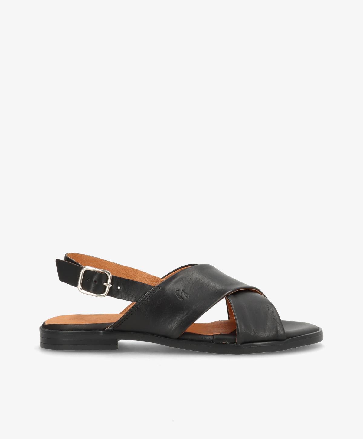 Sort sandal fra Shoedesign Copenhagen med krydsede remme og justerbar spænde.