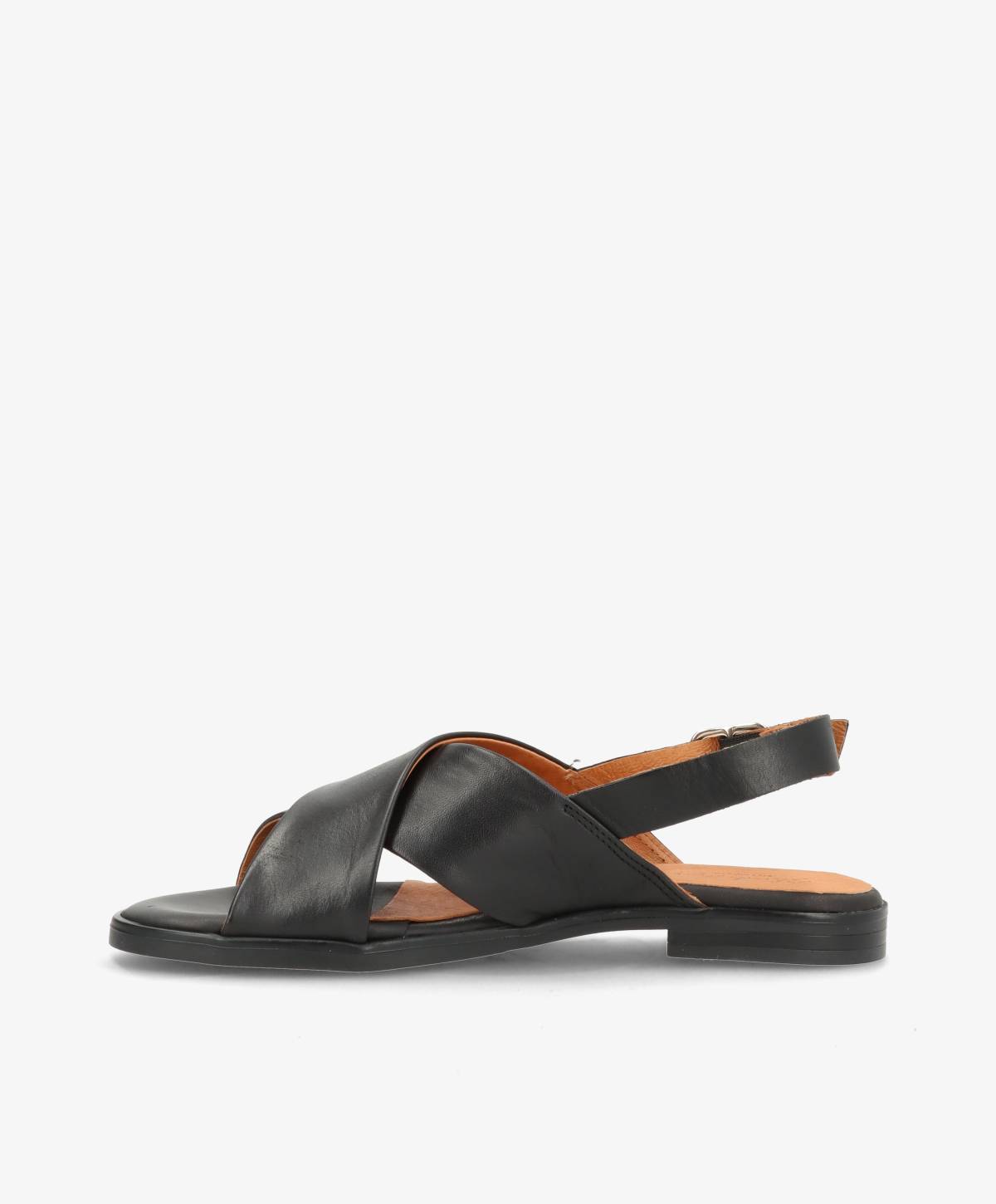 Sort sandal fra Shoedesign Copenhagen med krydsede remme og justerbar hælrem.