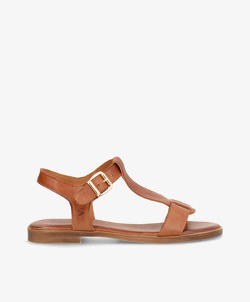 Brun lædersandal fra Shoedesign Copenhagen med justerbar rem og flad sål.
