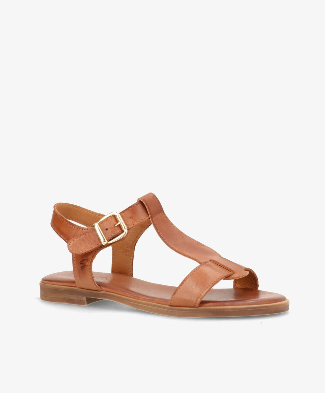 Brun lædersandal fra Shoedesign Copenhagen med justerbar rem og flad sål.