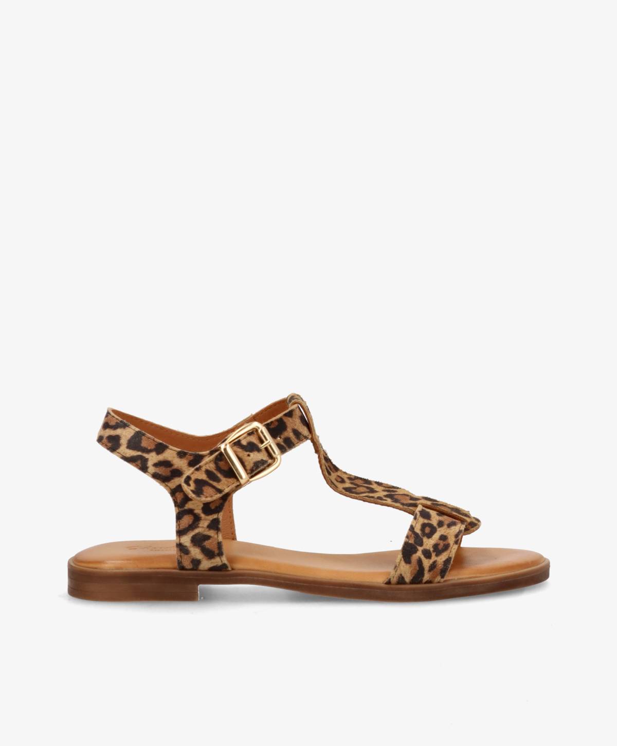 Sandaler fra Shoedesign Copenhagen i leopardmønstret ruskind med guldfarvet spænde.