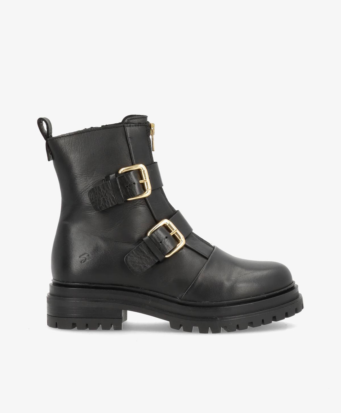 Sort støvle fra Shoedesign Copenhagen med to guldfarvede spænder og lynlås på siden.