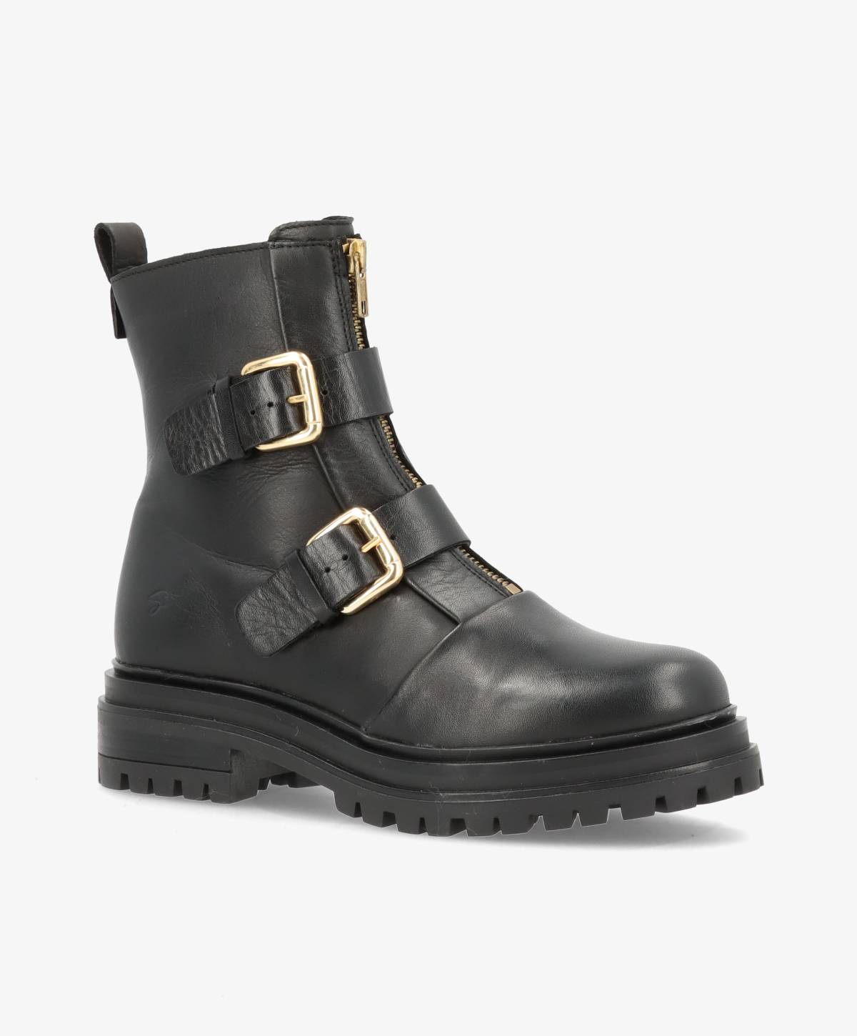 Sort støvle fra Shoedesign Copenhagen med guldspænder og lynlås.