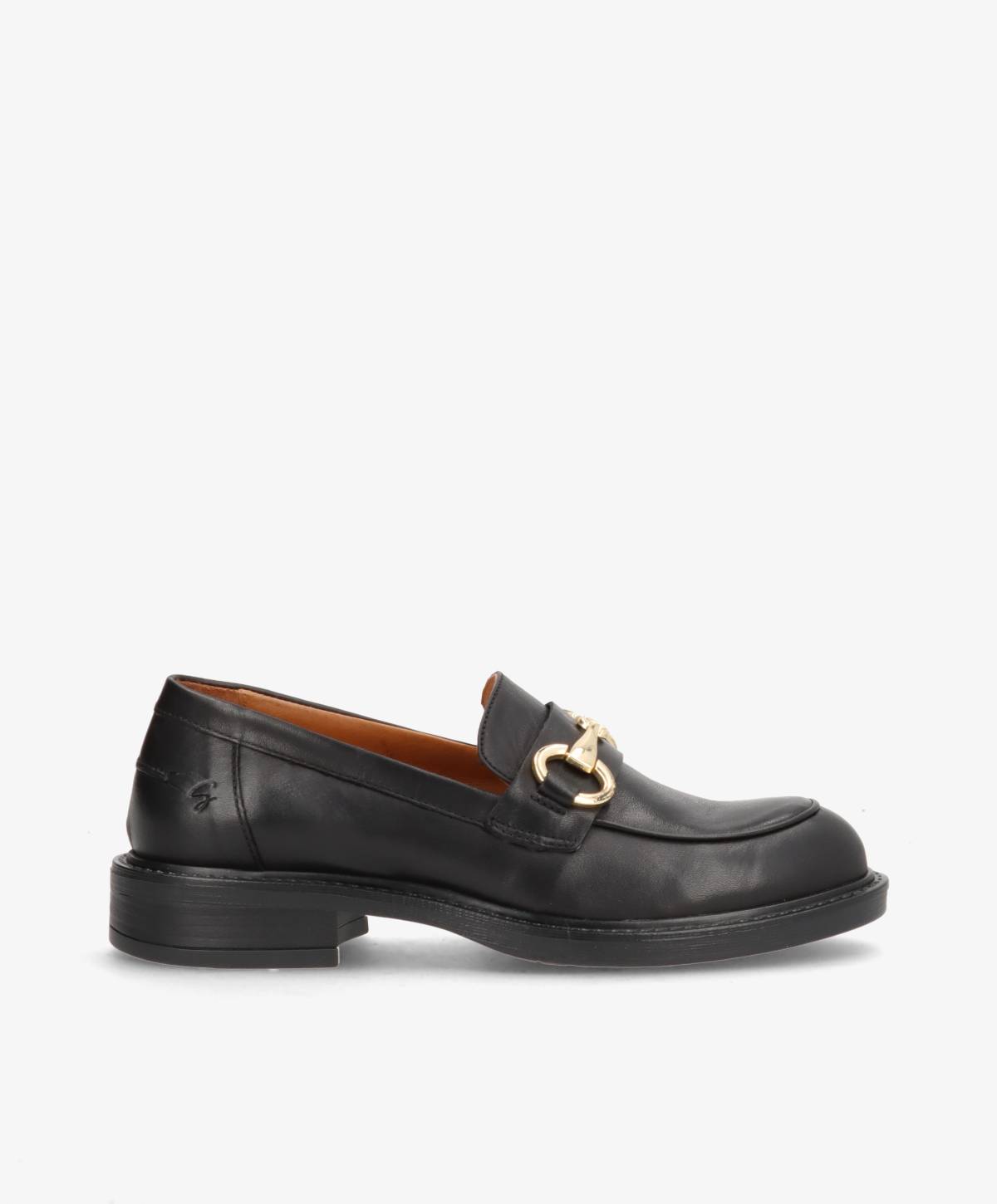 Sort læderloafer fra Shoedesign Copenhagen med gulddetalje.