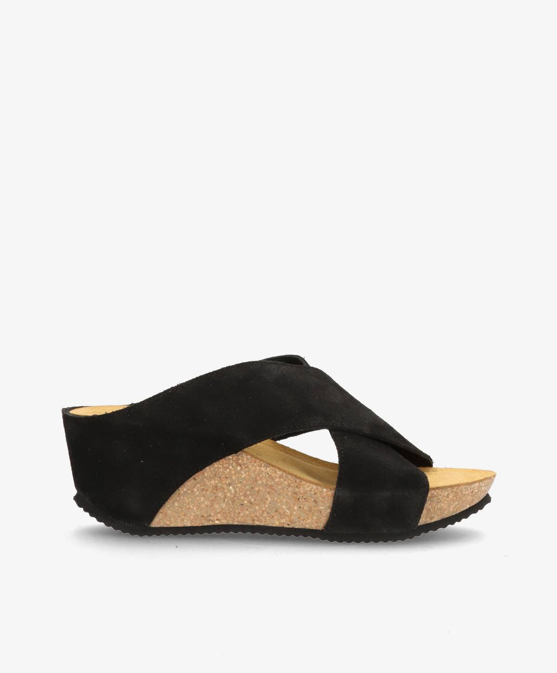 Sort sandal med kilehæl fra Shoedesign Copenhagen, lavet af ruskind med krydsede stropper og korksål.