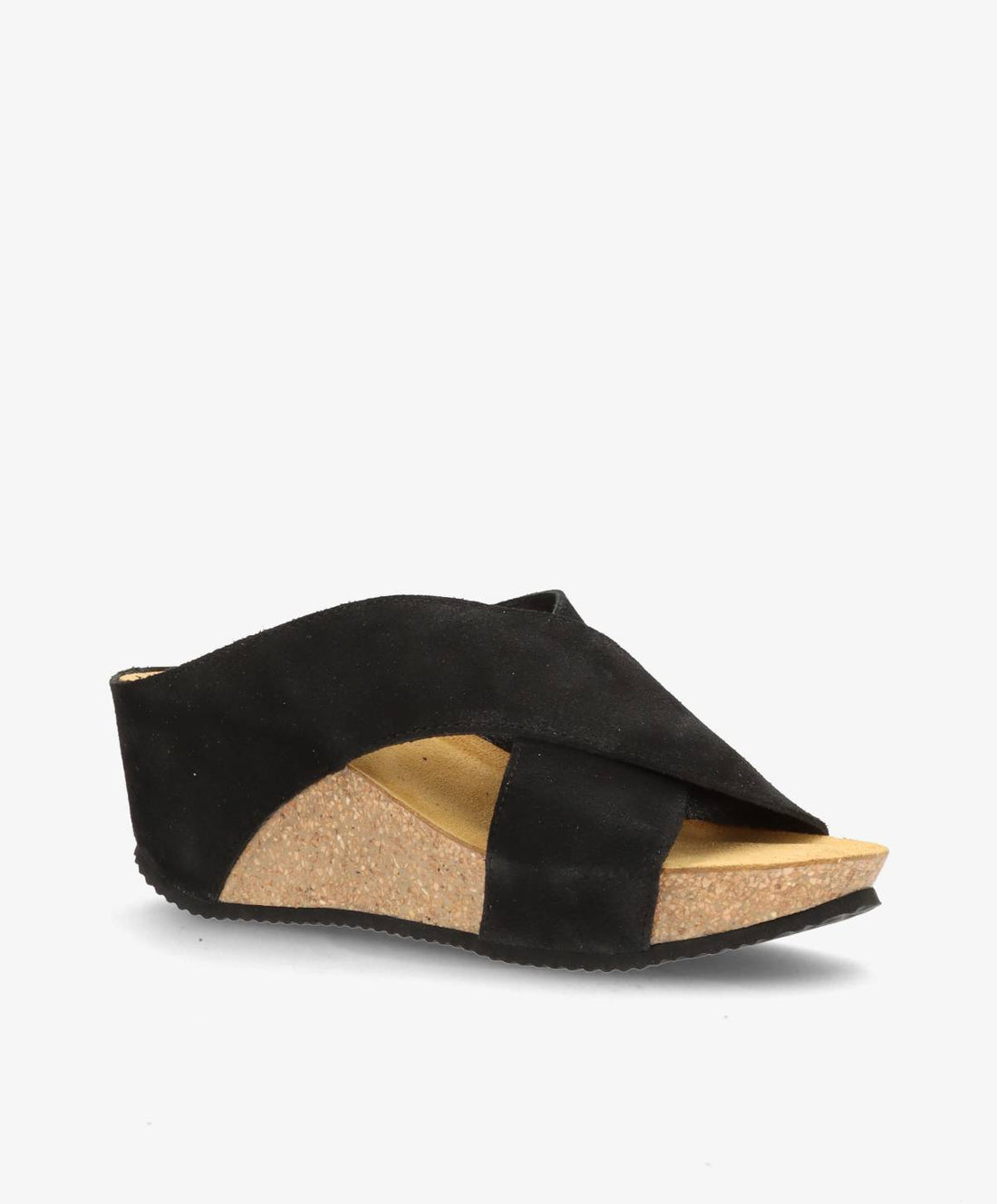 Sort sandal med kilehæl fra Shoedesign Copenhagen, lavet af ruskind med krydsede stropper og korksål.