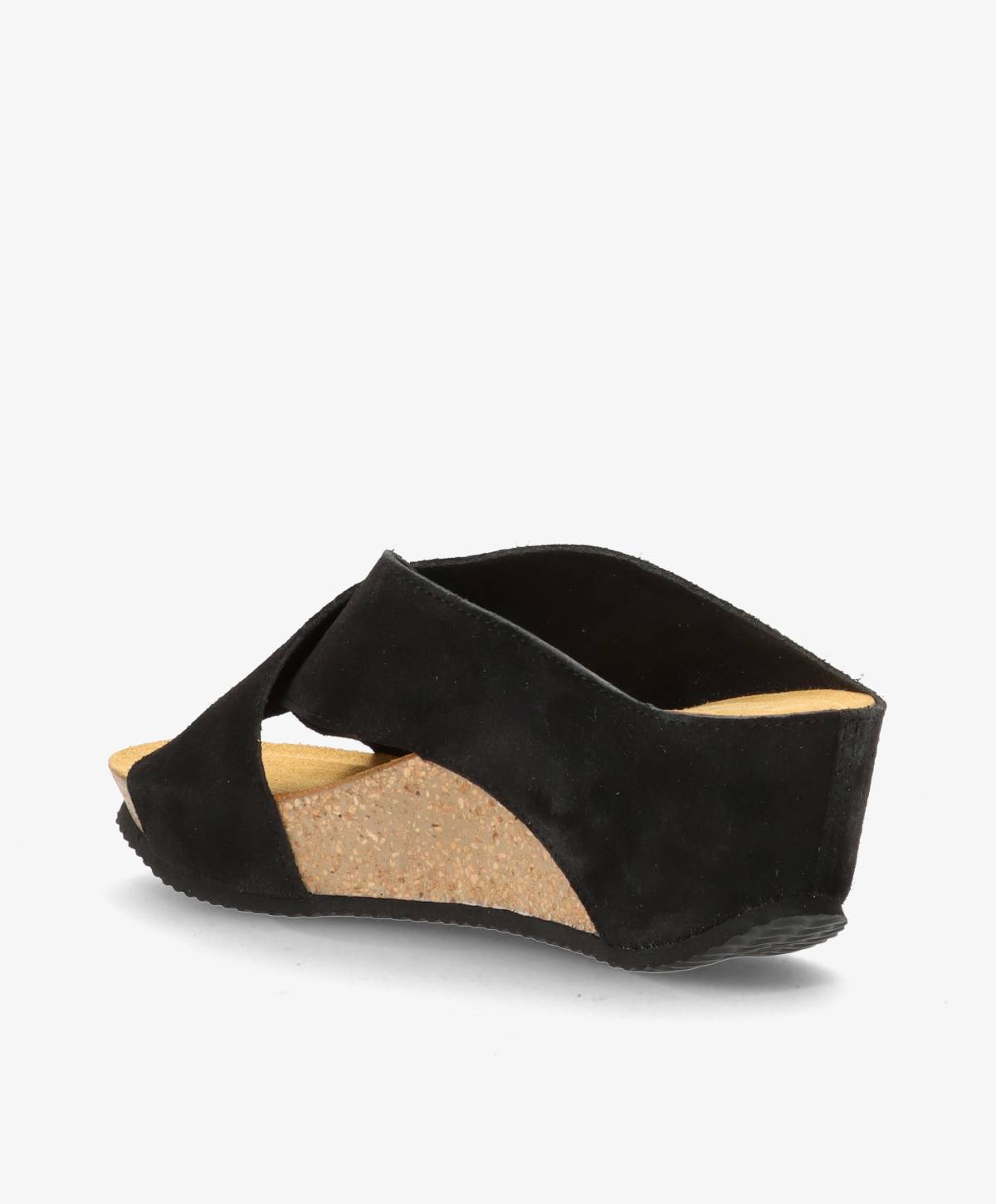 Sort sandal fra Shoedesign Copenhagen med kilehæl og krydsremme i ruskind.