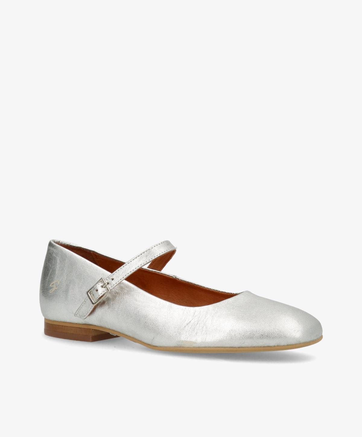 Sølvfarvet dameballerina i læder med rem fra Shoedesign Copenhagen.